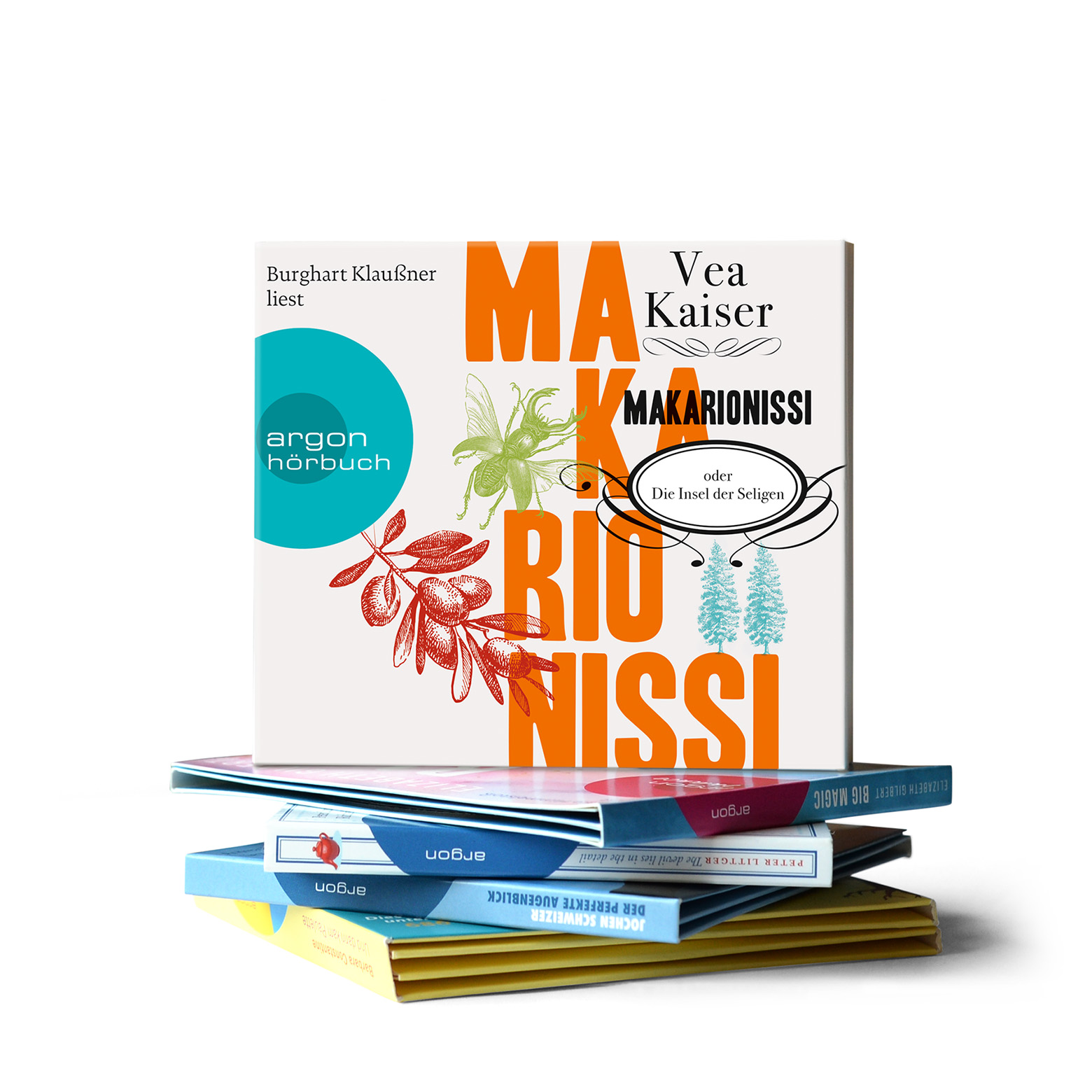 Hörbuch-Cover »Makarionissi« auf Stapel anderer Hörbücher, Argon Verlag